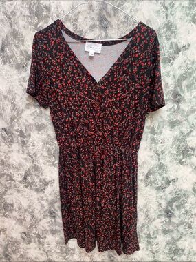 French Black Mini Dress with Red Floral Print